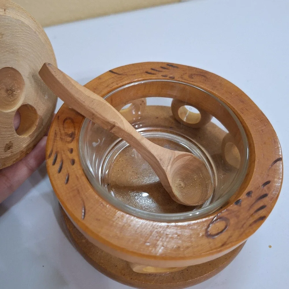 Handmade In Mexico Salsa Condiment Sugar Bowl With Lid/Spoon‎ Glass Bowl